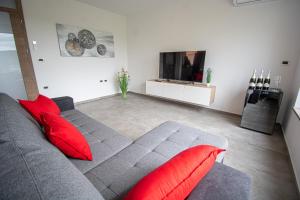 - un salon avec un canapé gris et des oreillers rouges dans l'établissement Holiday house Oljka, à Kobdilj