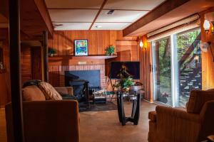 ein Wohnzimmer mit einem Kamin und einem TV in der Unterkunft Modern Cabin With Hot Tub Grill Lake Beach Wineries Hiking Fishing And Hershey Park Family And Pet Friendly Superhosts On AB&B in Mount Gretna