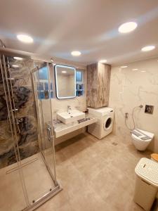 a bathroom with a shower and a sink and a toilet at Casa Christina-Luxury Villa in Kissamos