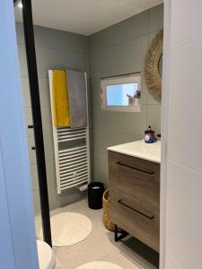 La salle de bains est pourvue d'un lavabo et d'un miroir. dans l'établissement Nouveau cabanon L ilette vue mer calanque de Niolon, à Le Rove