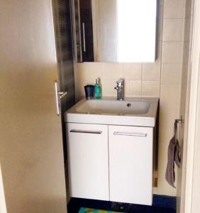 a bathroom with a white sink and a mirror at Biarritz, hyper centre, 50M plages, wifi in Biarritz
