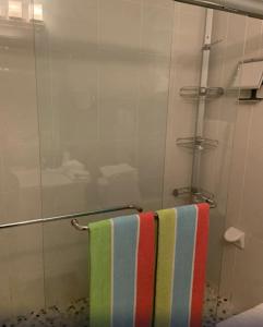 a bathroom with a shower with a striped towel at Ballard's Beach Resort in New Shoreham
