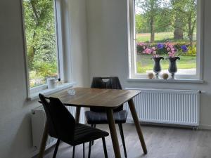 a dining room table and chairs in front of a window at Appartement Elperhof 16A in Schoonloo