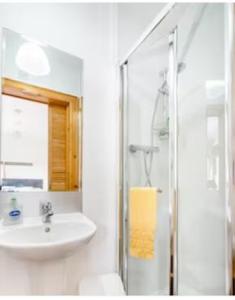 y baño blanco con lavabo y ducha. en Arley House B & B en Dundrum