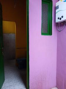 a pink door with a green window and a toilet at 224 in Oaxaca City