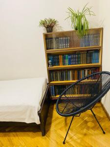 une chaise à côté d'une étagère avec des livres dans l'établissement At Nana's, à Lagodekhi