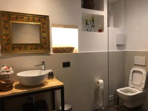 La salle de bains est pourvue d'un lavabo et de toilettes. dans l'établissement Ca de Cortina Casa Alpina, à Vermiglio