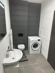 a bathroom with a washing machine and a toilet at Byt 71m2 klid pohoda a příroda in Prague