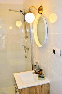 uma casa de banho com um lavatório e um chuveiro com um espelho. em Twins Boutique Korsy em Sibiu