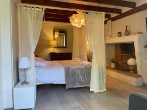 una camera da letto con letto, tende e camino di Le Domaine de la Gravette 
