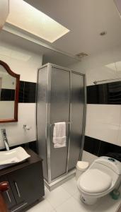 La salle de bains est pourvue d'une douche, de toilettes et d'un lavabo. dans l'établissement CASA BLANCA, à Sogamoso
