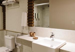 a bathroom with a sink and a toilet and a mirror at Hotel Ponta Verde Praia do Francês in Praia do Frances