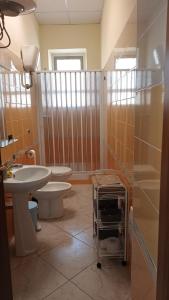 ein Bad mit einem Waschbecken, einem WC und einer Dusche in der Unterkunft B&B La Stazione in Sibari