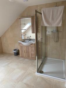 a bathroom with a shower and a sink at Coast Lodge - Family vacation in Mulranny