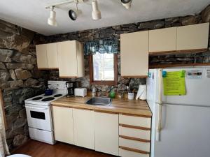 een keuken met een witte koelkast en een wastafel bij The “Loon” waterfront Muskoka cottage in Utterson