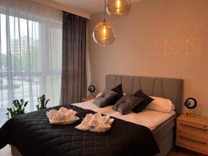 a bedroom with a large bed with two dishes on it at Family & Business Elegant Apartments, Kadzielnia, WDK, Stadion Korona -1 Bedroom, Terrace, Garage, NEW! in Kielce