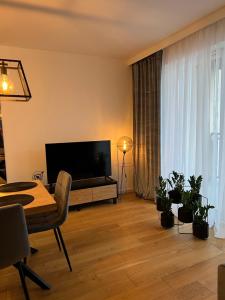 ein Wohnzimmer mit einem TV und einem Tisch mit Pflanzen in der Unterkunft Family & Business Elegant Apartments, Kadzielnia, WDK, Stadion Korona -1 Bedroom, Terrace, Garage, NEW! in Kielce