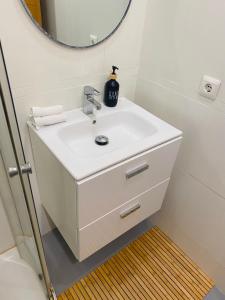 La salle de bains est pourvue d'un lavabo blanc et d'un miroir. dans l'établissement Apartment Rosario in Malaga center, à Malaga