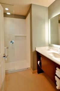 a bathroom with a shower and a sink and a mirror at Residence Inn by Marriott Omaha Aksarben Village in Omaha