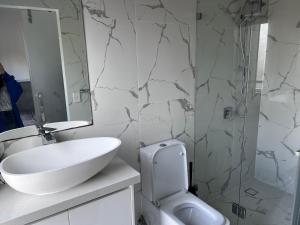 A5U3 Hostel في غولد كوست: حمام مع حوض ومرحاض ومرآة