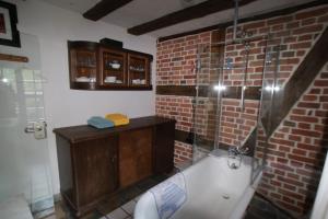 ein Bad mit einer Dusche und einer Ziegelwand in der Unterkunft Gerberhaus Cottbus in Cottbus