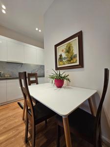 una mesa de comedor blanca con sillas y una maceta en Alba Studio Apartment, en Tirana