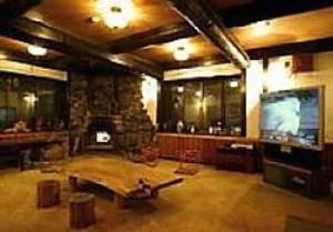 a large living room with a fireplace and a tv at Matsunoki-tei in Otari