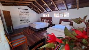 una habitación de hotel con 2 camas y una planta en Luisa, en Ollantaytambo