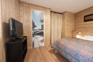 um quarto de hotel com uma cama e uma televisão de ecrã plano em Crissolo VALLE PO Vista Monviso em Crissolo