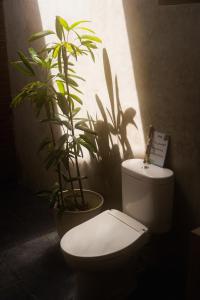 a bathroom with a toilet and two potted plants at Twiny's in Kuta Lombok