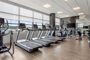 ein Fitnessstudio mit einer Reihe von Laufbändern und Crosstrainern in der Unterkunft Delta Hotels by Marriott Allentown Lehigh Valley in Fogelsville