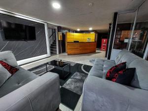 a living room with two couches and a tv at Hotel Gran Luna in Puerto Montt