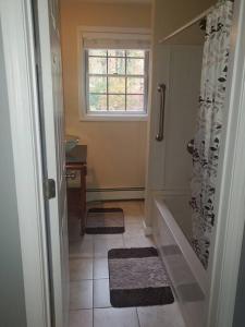 a bathroom with a tub and a shower with a window at Adorable 1 bedroom with off-street parking 