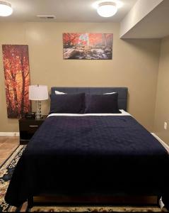 um quarto com uma cama grande e um cobertor preto em Van Gogh Guest Rm#6 • Van Gogh 6- Private BSMT Rm in single family home em Rosedale