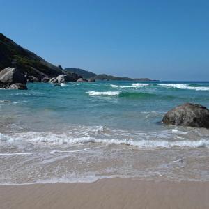una playa con rocas y el océano con olas en Pousada ZAUA GUEST HOUSE, en Florianópolis