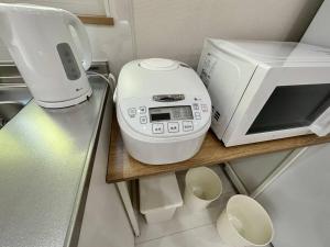 eine Küchentheke mit einer Mikrowelle und einem Toaster in der Unterkunft SHIRAHAMA condominium D-100 in Kanayama