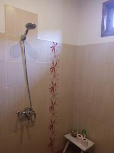 La salle de bains est pourvue d'une douche avec rideau de douche. dans l'établissement Глинената къща в Дълги Дел, à Dŭlgi Del