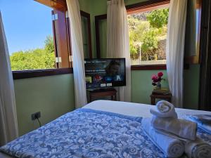 Schlafzimmer mit einem Bett, einem TV und einem Fenster in der Unterkunft Villa MOGAREN in Vega de San Mateo
