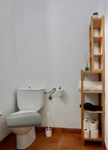 a bathroom with a white toilet and a shelf at Viviendas Margarita II in Colònia de Sant Jordi