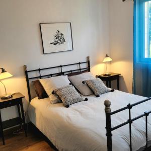 een slaapkamer met een bed met kussens erop bij Albizia rouge - Gîte de charme à la campagne in Galgon