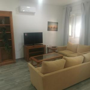 sala de estar con sofá y TV en Apartamentos Sanlucar Beach 1 en Sanlúcar de Barrameda