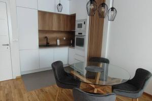 a kitchen with a glass table and two chairs at Apartman Teodora 2 in Lukavica