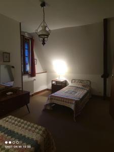 1 Schlafzimmer mit 2 Betten, einer Lampe und einem Spiegel in der Unterkunft Les colombages in Pazayac