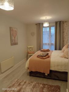 1 dormitorio con cama y ventana en Beautiful Marina Apartment with private garden, flexible bedrooms with zip & link beds, en Gosport