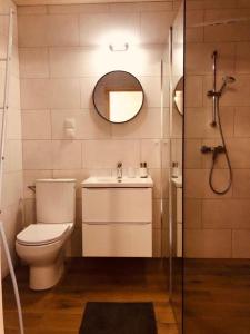 a bathroom with a toilet and a sink and a mirror at Domki Krasne Morze in Mielenko