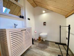 een badkamer met een wit toilet en een wastafel bij Au Cocon du Haut Pergé in Gérardmer