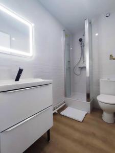拉格朗德默特的住宿－Séjour de rêve à La Grande Motte T2 entièrement neuf, clim, wifi, parking privé，浴室配有卫生间、盥洗盆和淋浴。