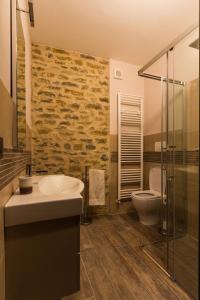 uma casa de banho com um lavatório, um WC e um chuveiro em Appartamenti Gli Ippocastani em San Benedetto Belbo