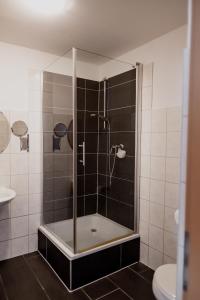 La salle de bains est pourvue d'une douche avec une porte en verre. dans l'établissement Hotel Cristallo, à Landshut
