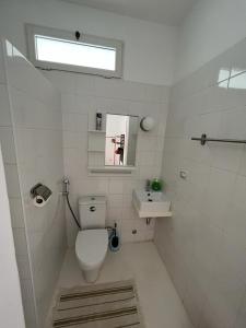 a small bathroom with a toilet and a sink at Útulný apartmán na Praia de Chaves, Boa Vista in Sal Rei